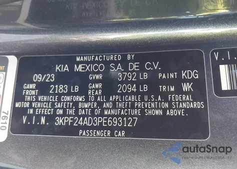 2023 Kia Forte Lxs z USA, uszkodzony, nr VIN 3KPF24AD3PE693127